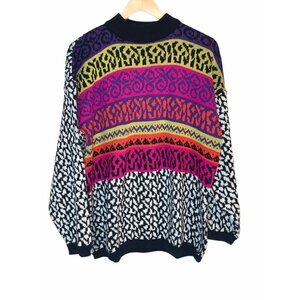Jamie Scott Animal Print Colorful Crew Neck Retro 90s Acrylic Sweater Medium